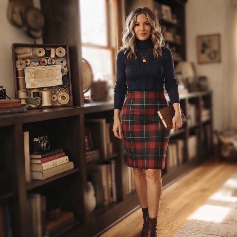 Pendleton Vintage Plaid Wool Pencil Skirt Red Blue Green Tartan Size 14 (Small)